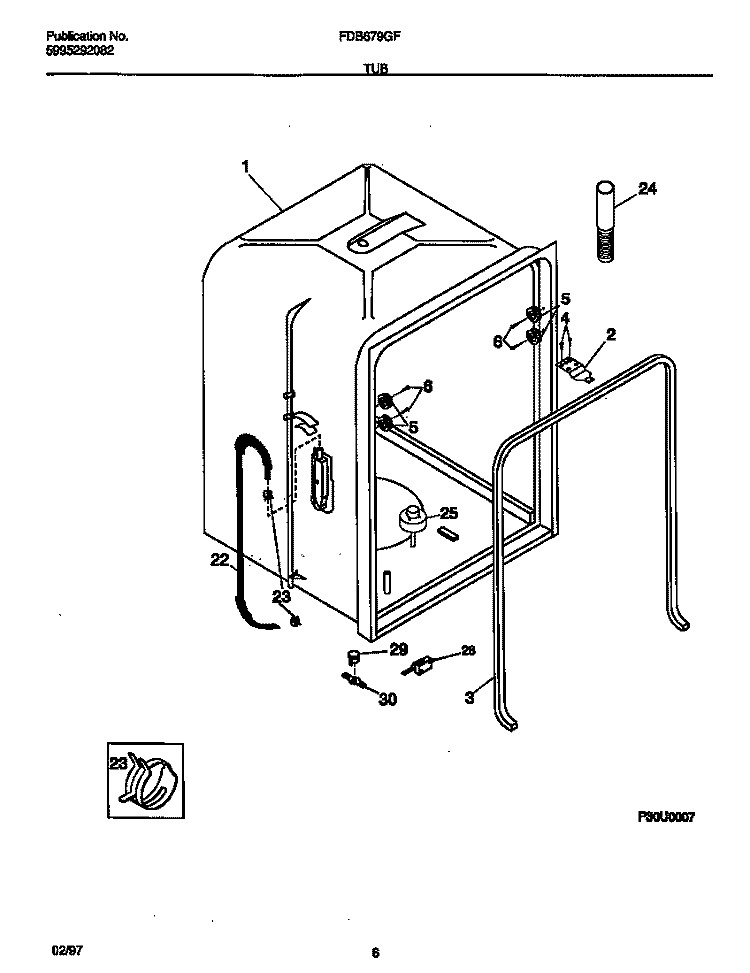 TUB Diagram and Parts List for FDB679GFW0  Frigidaire Dishwasher