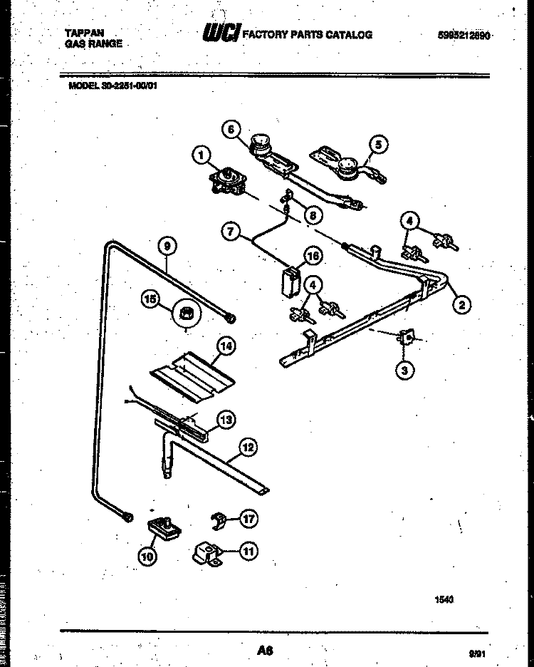 BURNER, MANIFOLD AND GAS CONTROL Diagram and Parts List for 30-2251-00-01  Tappan Range
