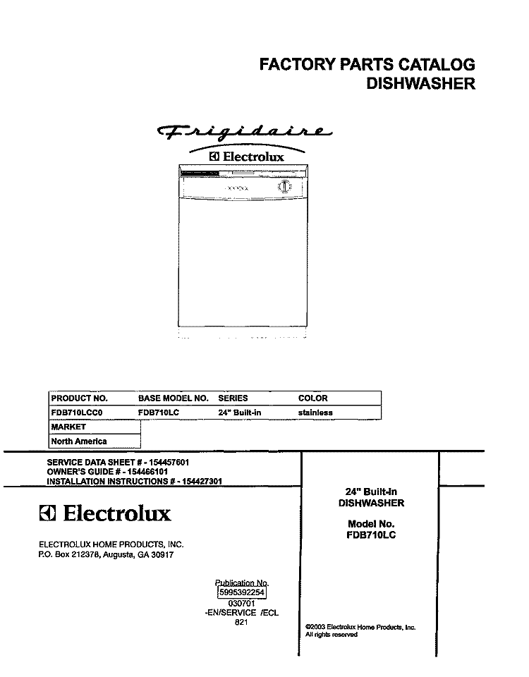 COVER Diagram and Parts List for FDB710LCC0  Frigidaire Dishwasher