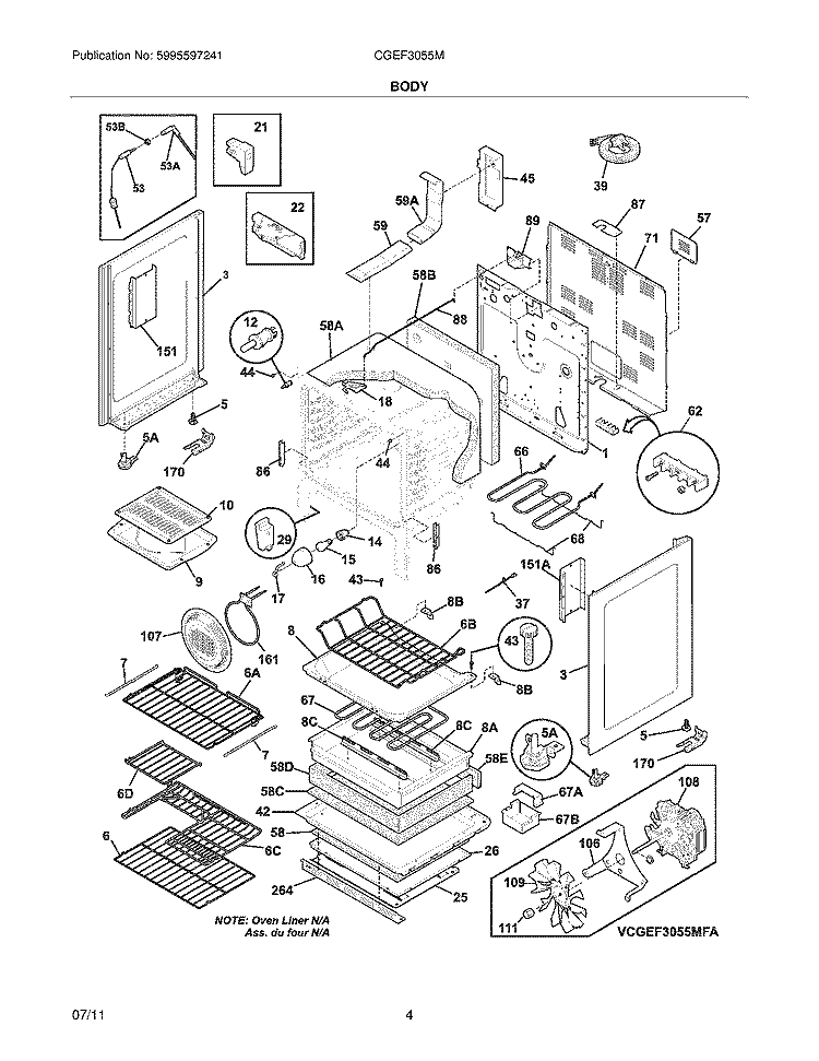 BODY Diagram and Parts List for CGEF3055MBA  Frigidaire Range