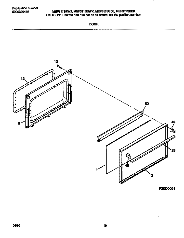 DOOR Diagram and Parts List for MEF311SBDJ  Frigidaire Range