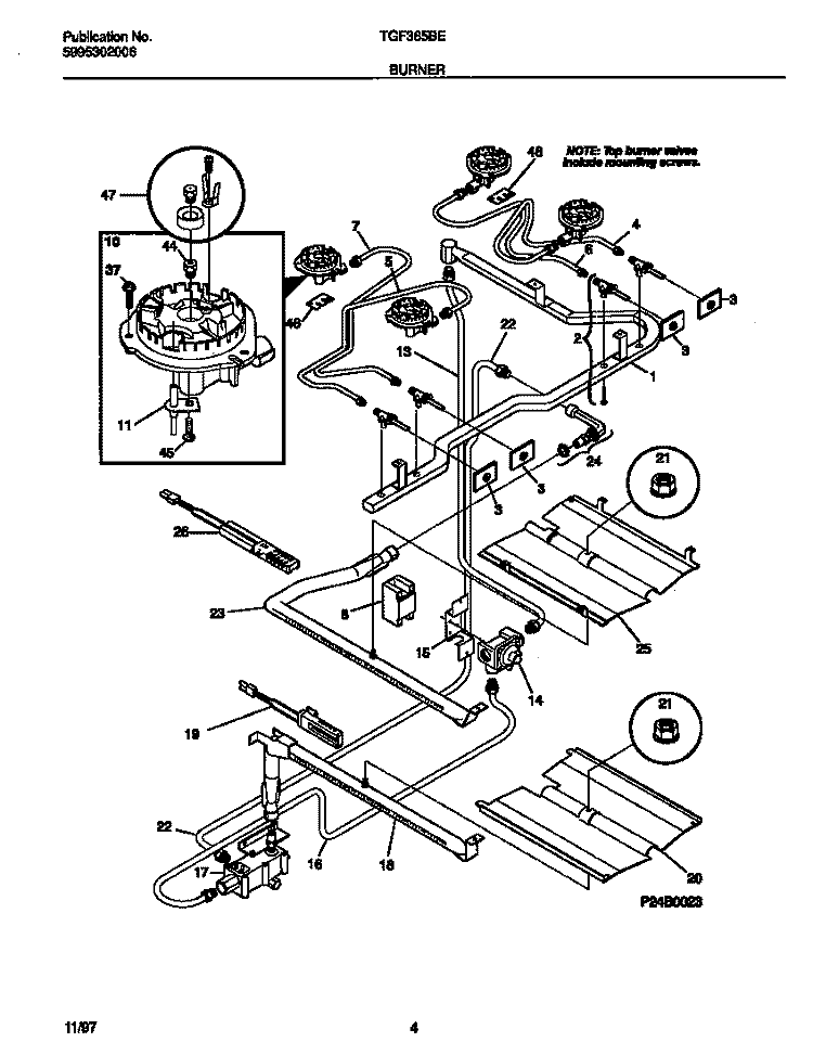 BURNER Diagram and Parts List for TGF365BEWC  Tappan Range