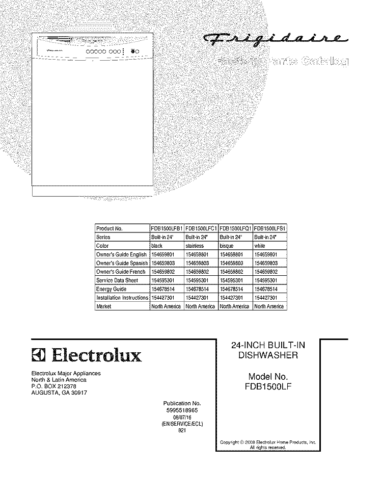 COVER Diagram and Parts List for FDB1500LFQ1  Frigidaire Dishwasher