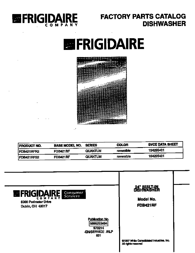COVER Diagram and Parts List for FDB421RFS2  Frigidaire Dishwasher