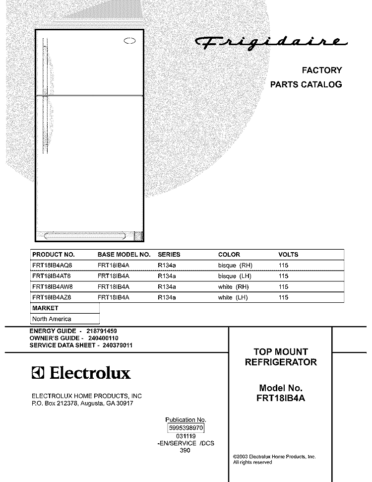 COVER Diagram and Parts List for FRT18IB4AT8  Frigidaire Refrigerator