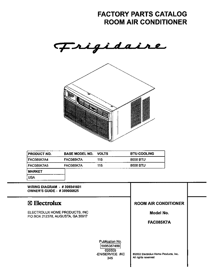 COVER Diagram and Parts List for FAC085K7A4  Frigidaire Air Conditioner