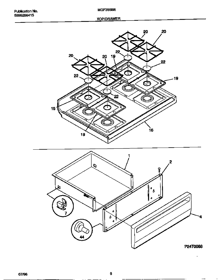 TOP / DRAWER Diagram and Parts List for MGF355BEDD  Frigidaire Range