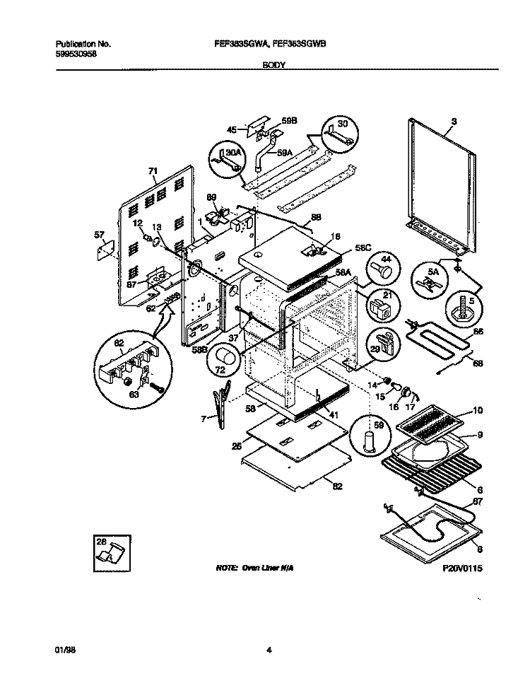 BODY Diagram and Parts List for FEF363SGWB  Frigidaire Range
