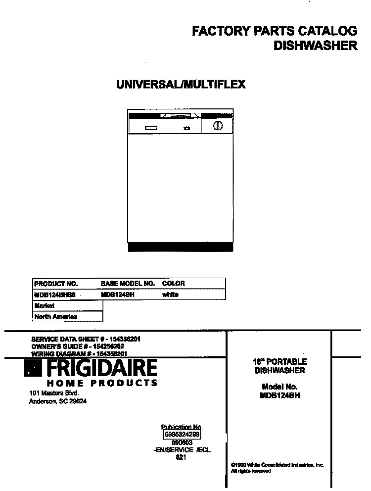 COVER Diagram and Parts List for MDB124BHS0  Frigidaire Dishwasher