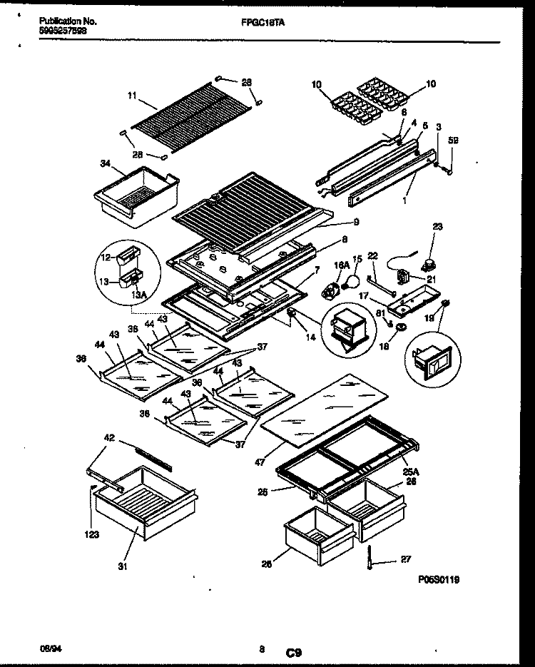 SHELVES AND SUPPORTS Diagram and Parts List for FPGC18TAL3  Frigidaire Refrigerator