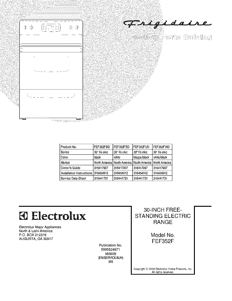 COVER Diagram and Parts List for FEF352FSD  Frigidaire Range