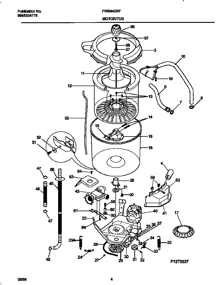 P12T0037 WASHER MTR, HOSE Diagram and Parts List for FWS445RFT3  Frigidaire Washer