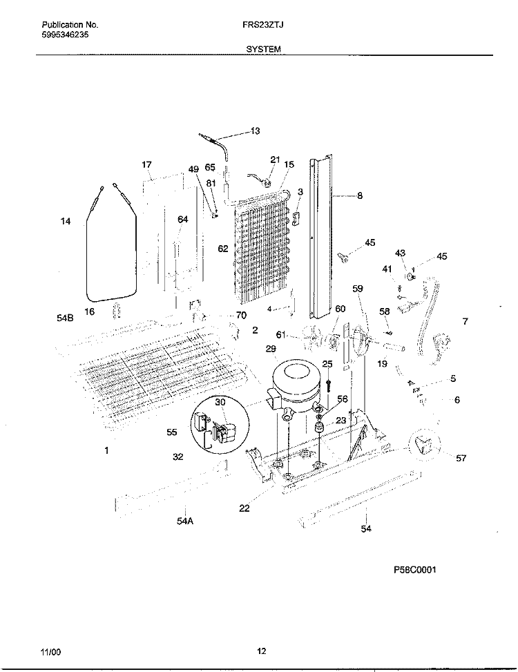 SYSTEM Diagram and Parts List for FRS23ZTJW1  Frigidaire Refrigerator