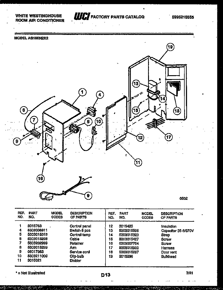 ELECTRICAL PARTS Diagram and Parts List for AS186N2K2  Frigidaire Air Conditioner