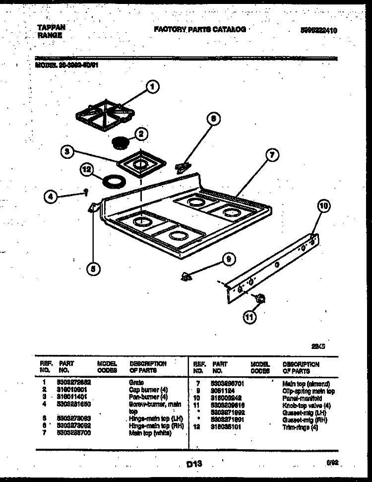 COOKTOP PARTS Diagram and Parts List for 30-3982-23-01  Tappan Range