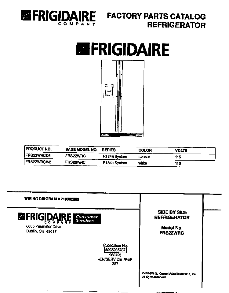COVER Diagram and Parts List for FRS22WRCW3  Frigidaire Refrigerator