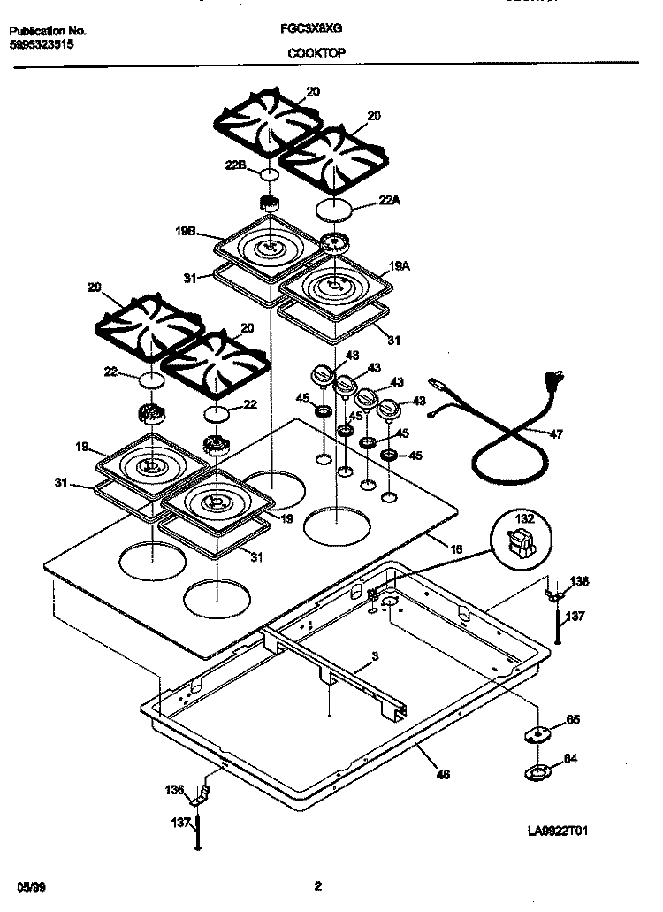 CONTROL PANEL / TOP Diagram and Parts List for FGC3X8XGTA  Frigidaire Cooktop