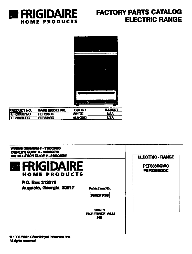 COVER Diagram and Parts List for FEF336BGDC  Frigidaire Range