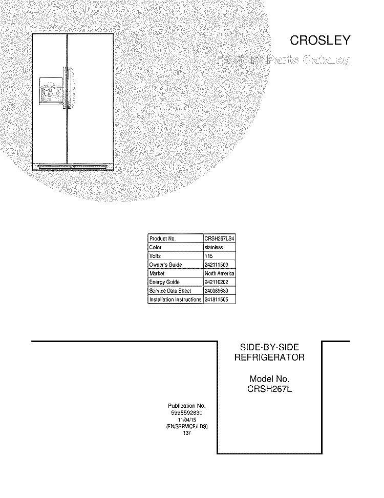 COVER Diagram and Parts List for CRSH267LS4  Frigidaire Refrigerator