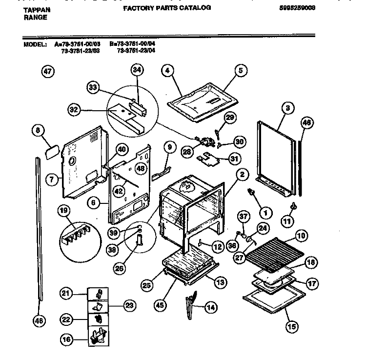 CAVITY Diagram and Parts List for 73-3751-00-04  Tappan Range