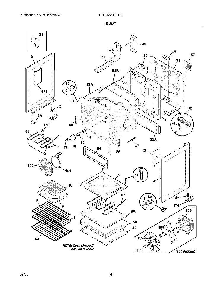 BODY Diagram and Parts List for PLEFMZ99GCE  Frigidaire Range