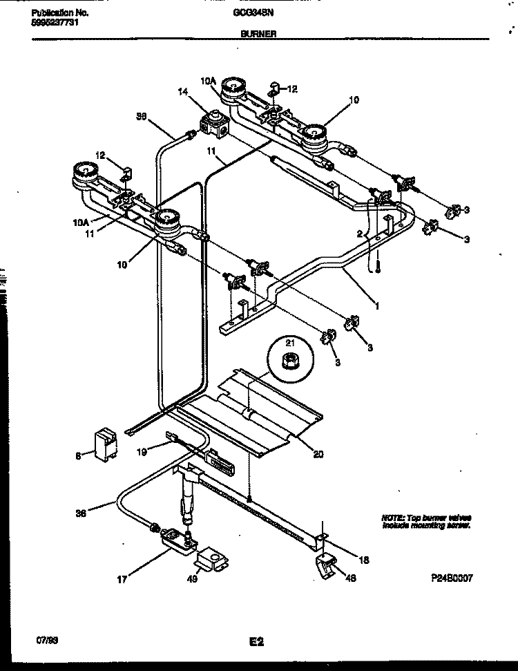BURNER, MANIFOLD AND GAS CONTROL Diagram and Parts List for GCG34BNL7  Frigidaire Range