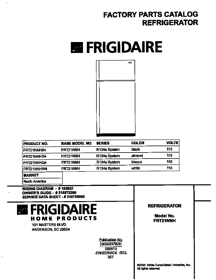 COVER Diagram and Parts List for FRT21NNHB4  Frigidaire Refrigerator
