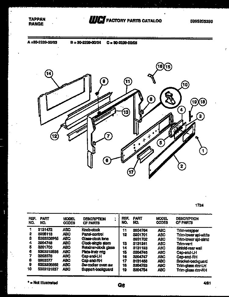 BACKGUARD Diagram and Parts List for 30-2239-00-03  Tappan Range