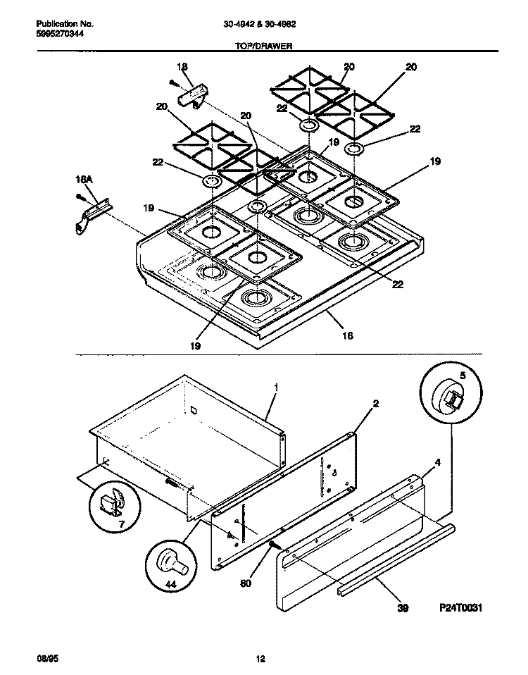 TOP / DRAWER Diagram and Parts List for 30-4982-00-05  Tappan Range