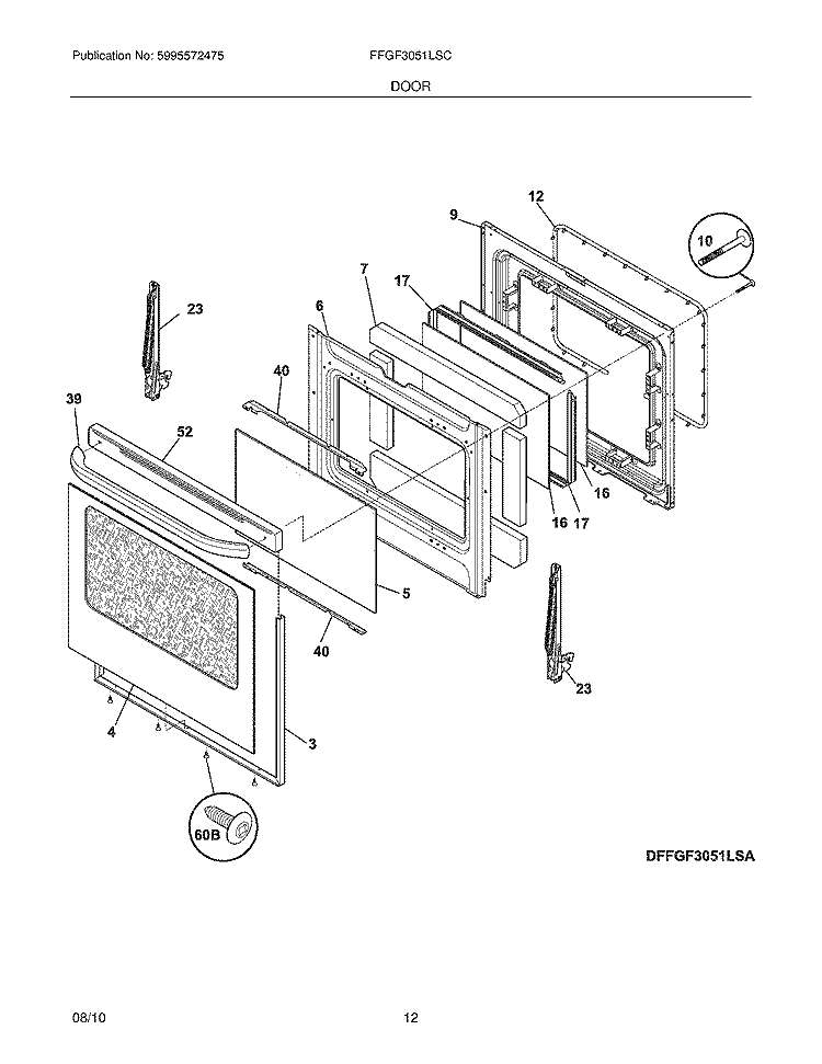 DOOR Diagram and Parts List for FFGF3051LSC  Frigidaire Range