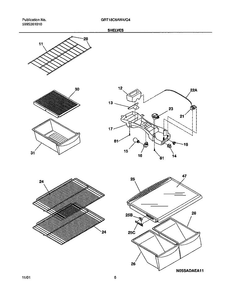 SHELVES Diagram and Parts List for GRT18C6AW4  Gibson Refrigerator