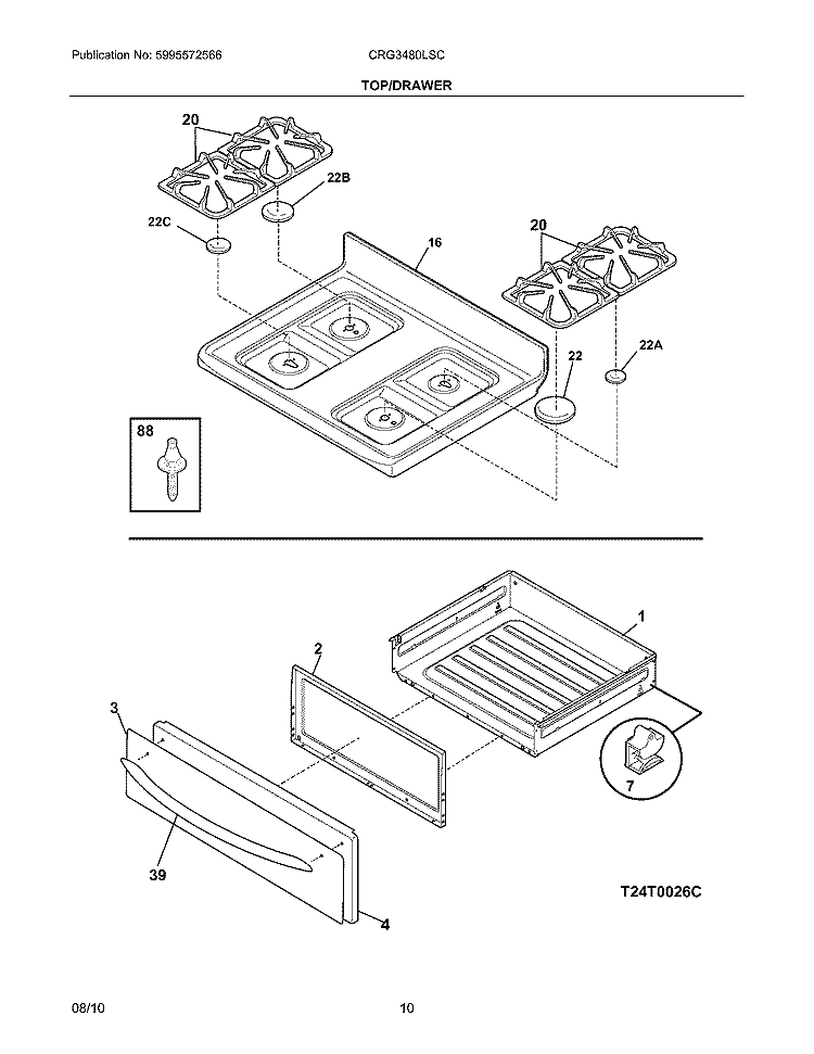 TOP/DRAWER Diagram and Parts List for CRG3480LSC  Crosley Range