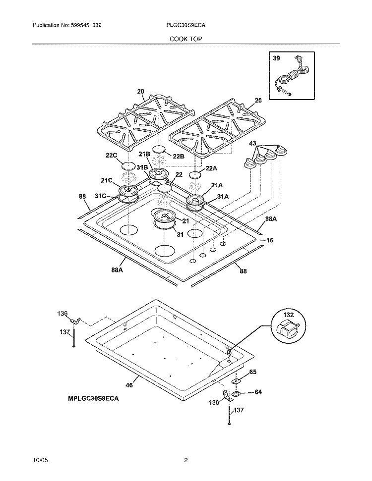 MAINTOP Diagram and Parts List for PLGC30S9ECA  Frigidaire Cooktop