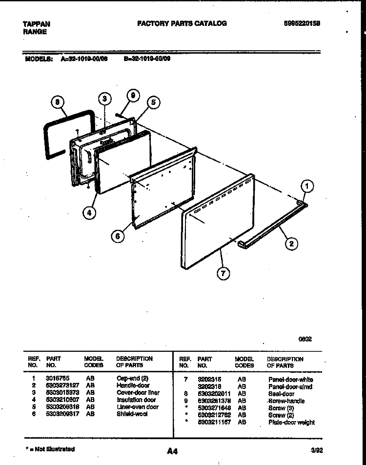 DOOR PARTS Diagram and Parts List for 32-1019-00-08  Tappan Range