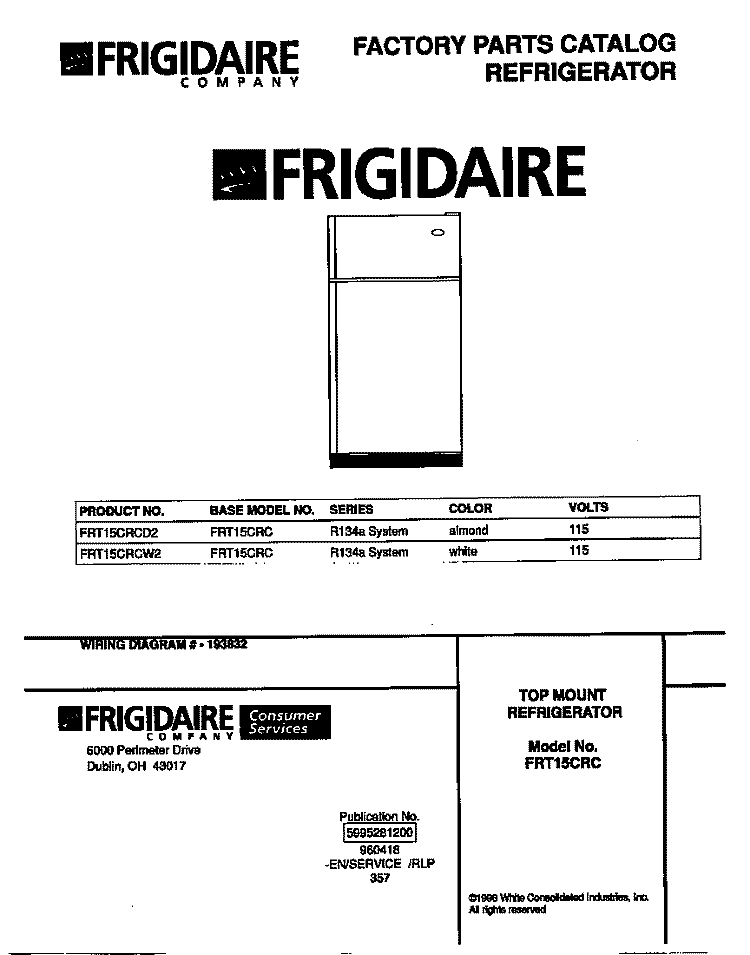 COVER Diagram and Parts List for FRT15CRCD2  Frigidaire Refrigerator