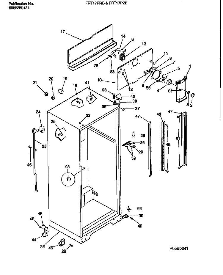 CABINET W / FAN ASSEMBLY Diagram and Parts List for FRT17PZBW2  Frigidaire Refrigerator