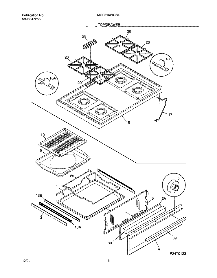 TOP / DRAWER Diagram and Parts List for MGF316WGSG  Uni Range