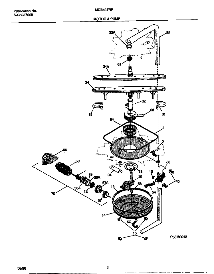MOTOR & PUMP Diagram and Parts List for MDB421RFR0  Frigidaire Dishwasher