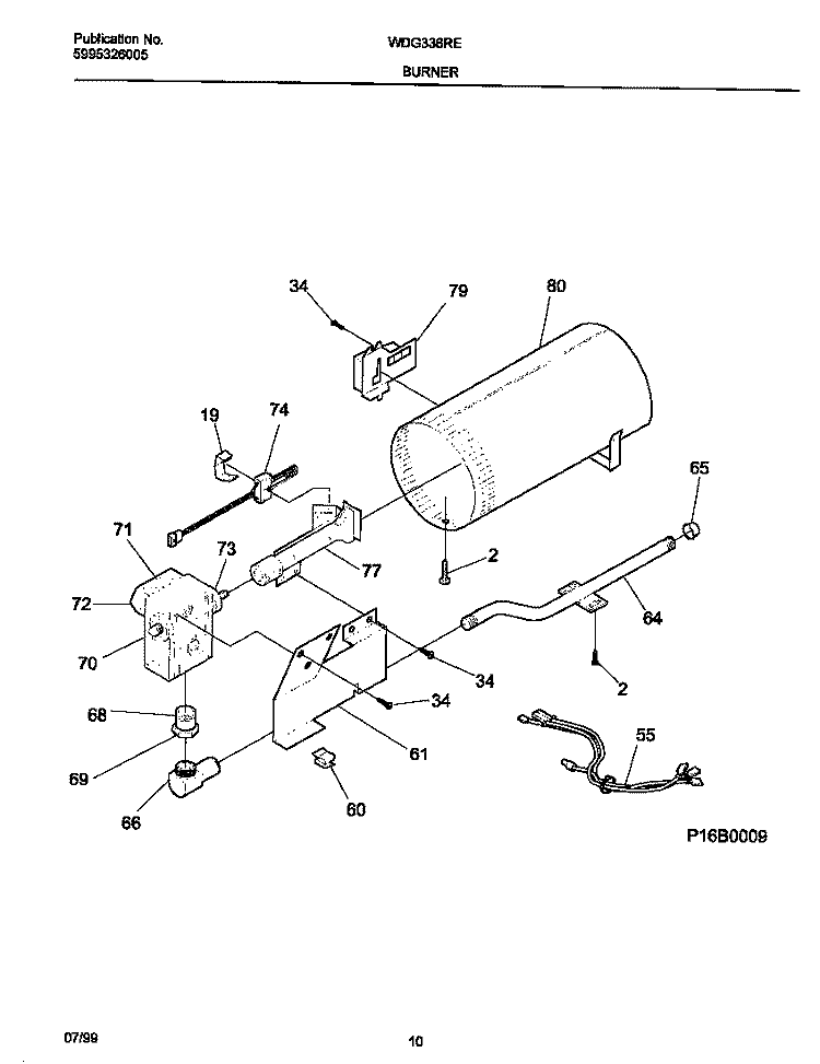 BURNER Diagram and Parts List for WDG336RED0  Frigidaire Dryer