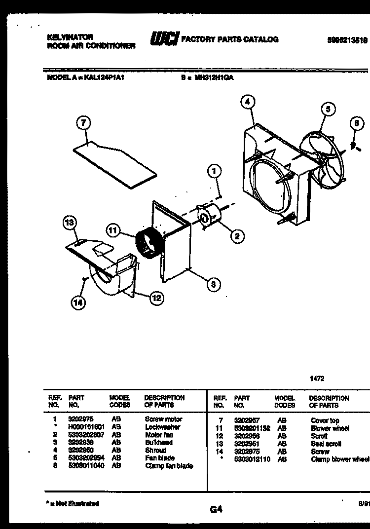 AIR HANDLING PARTS Diagram and Parts List for KAL124P1A1  Kelvinator Air Conditioner