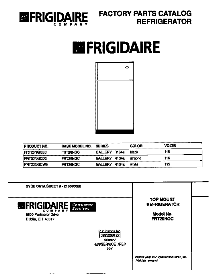 COVER Diagram and Parts List for FRT20NGCB3  Frigidaire Refrigerator