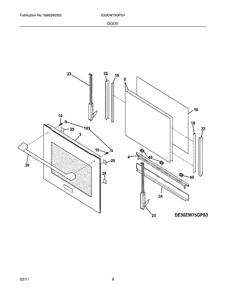 DOOR Diagram and Parts List for E30EW75GPS4  Electrolux Wall Oven
