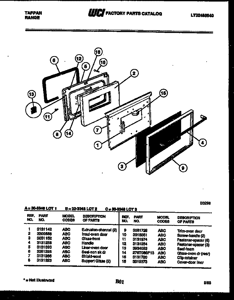 DOOR PARTS Diagram and Parts List for 30-3348-00-02  Tappan Range