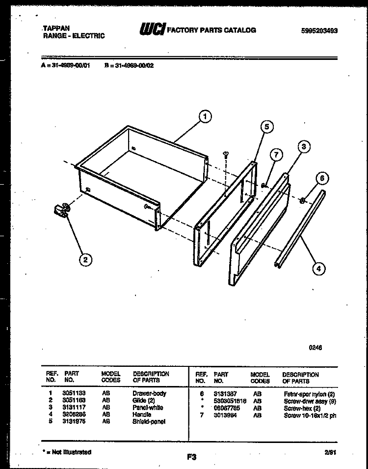 DRAWER PARTS Diagram and Parts List for 31-4989-00-02  Tappan Range
