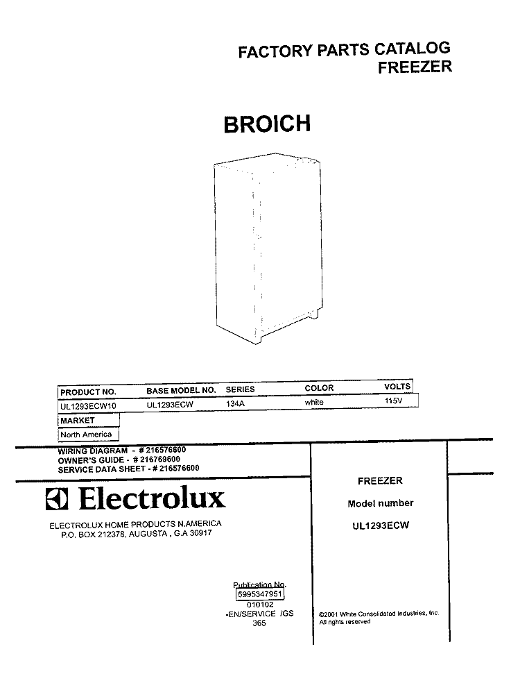 COVER Diagram and Parts List for UL1293ECW10  Electrolux Freezer