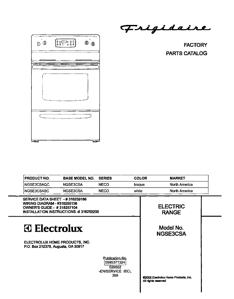 COVER Diagram and Parts List for NGSE3CSASC  Frigidaire Range