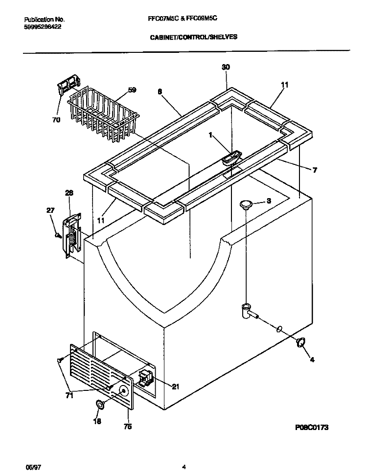 CABINET / CONTROL / SHELVES Diagram and Parts List for FFC09M5CW3  Frigidaire Freezer
