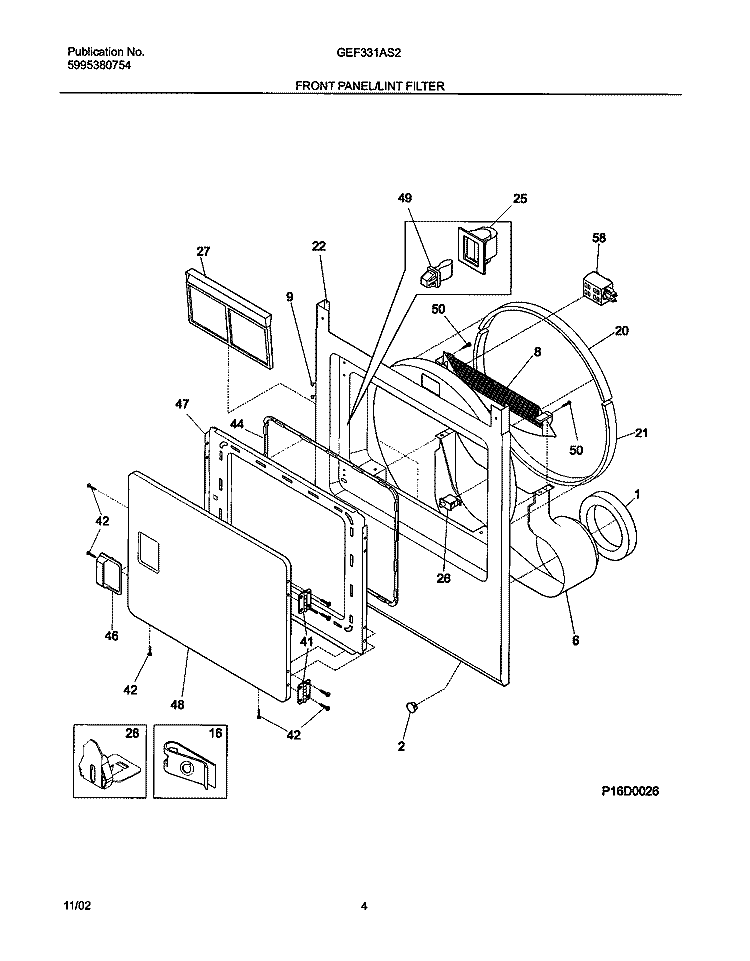 FRONT PANEL / LINT FILTER Diagram and Parts List for GEF331AS2  Gibson Dryer