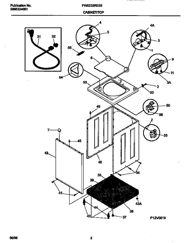 P12V0019 WSHR CAB, TOP Diagram and Parts List for FWX233RES5  Frigidaire Washer