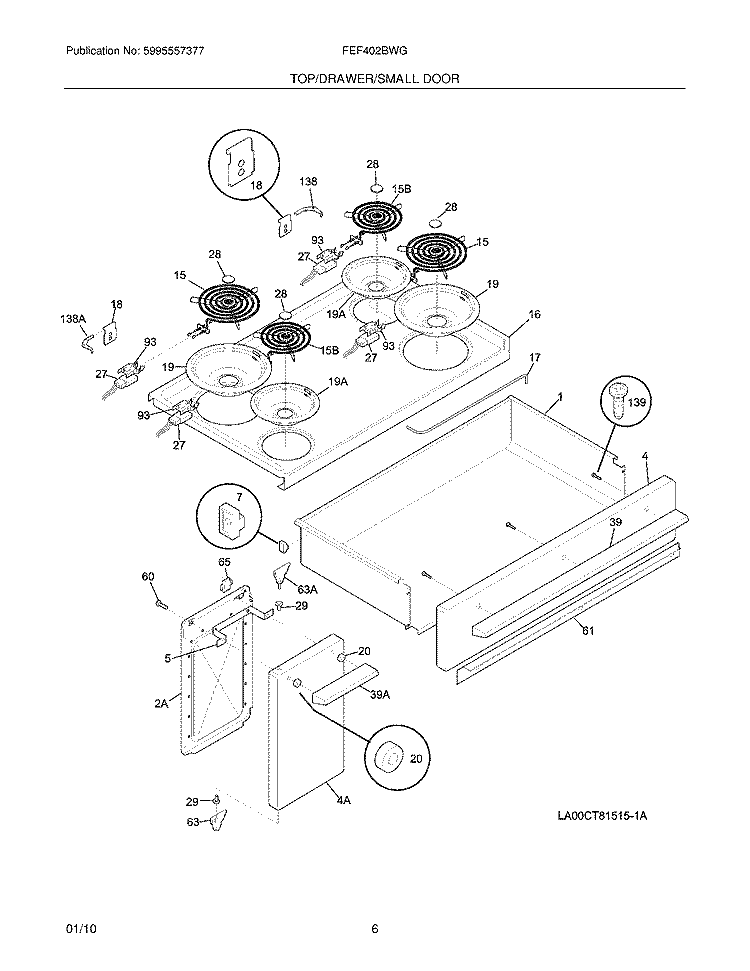 TOP/DRAWER/SMALL DOOR Diagram and Parts List for FEF402BWG  Frigidaire Range